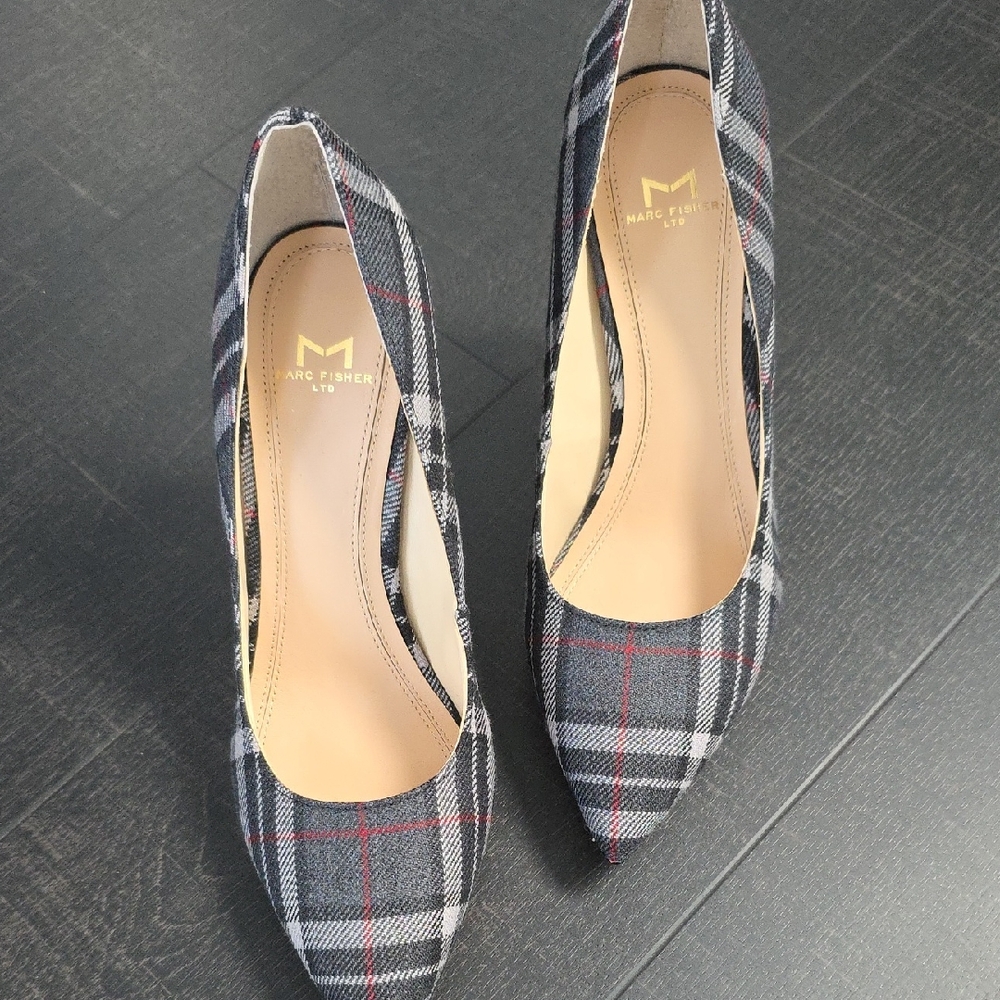 Marc Fisher Plaid Heels - Black, Gray, and Red